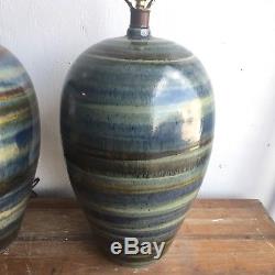 Large Pair Vintage Drip Glaze Ceramic Lamps Mid Century Studio Pottery Modern