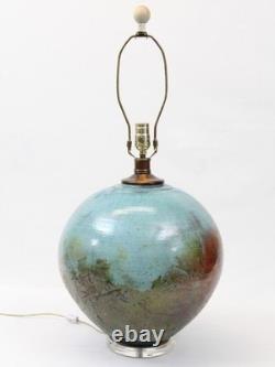 Large Raku Studio Pottery Vintage Table Lamp Hand Thrown Blue Green Wood Lucite