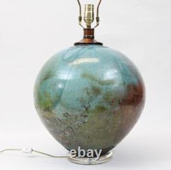 Large Raku Studio Pottery Vintage Table Lamp Hand Thrown Blue Green Wood Lucite