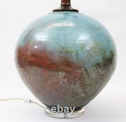 Large Raku Studio Pottery Vintage Table Lamp Hand Thrown Blue Green Wood Lucite