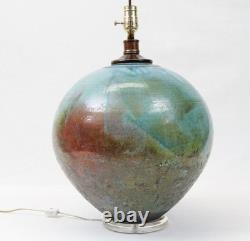Large Raku Studio Pottery Vintage Table Lamp Hand Thrown Blue Green Wood Lucite
