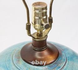 Large Raku Studio Pottery Vintage Table Lamp Hand Thrown Blue Green Wood Lucite