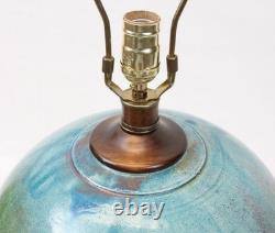 Large Raku Studio Pottery Vintage Table Lamp Hand Thrown Blue Green Wood Lucite