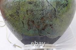 Large Raku Studio Pottery Vintage Table Lamp Hand Thrown Blue Green Wood Lucite