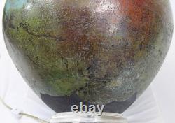 Large Raku Studio Pottery Vintage Table Lamp Hand Thrown Blue Green Wood Lucite