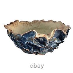 Large Studio Art Pottery Bowl Blue Ruffled Sculptural Brutalist 13.5