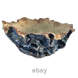 Large Studio Art Pottery Bowl Blue Ruffled Sculptural Brutalist 13.5