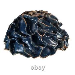 Large Studio Art Pottery Bowl Blue Ruffled Sculptural Brutalist 13.5