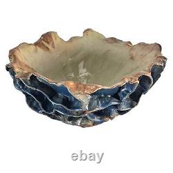 Large Studio Art Pottery Bowl Blue Ruffled Sculptural Brutalist 13.5
