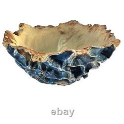 Large Studio Art Pottery Bowl Blue Ruffled Sculptural Brutalist 13.5