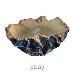 Large Studio Art Pottery Bowl Blue Ruffled Sculptural Brutalist 13.5