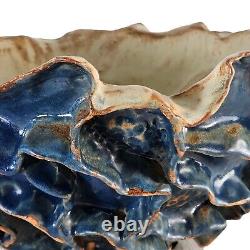 Large Studio Art Pottery Bowl Blue Ruffled Sculptural Brutalist 13.5