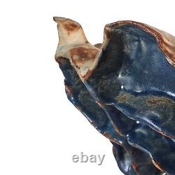 Large Studio Art Pottery Bowl Blue Ruffled Sculptural Brutalist 13.5