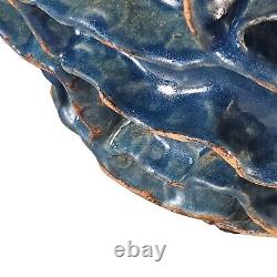 Large Studio Art Pottery Bowl Blue Ruffled Sculptural Brutalist 13.5