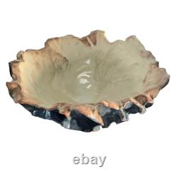 Large Studio Art Pottery Bowl Blue Ruffled Sculptural Brutalist 13.5