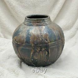 Large Studio Art Pottery Vase Vintage Signed Raku Copper Green Glaze Earthenware