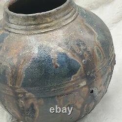 Large Studio Art Pottery Vase Vintage Signed Raku Copper Green Glaze Earthenware
