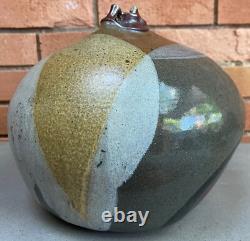 Large Vintage Bulbous Stoneware Studio Pottery Ceramic Vase Modern Signed 70s