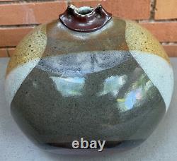 Large Vintage Bulbous Stoneware Studio Pottery Ceramic Vase Modern Signed 70s