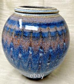 Large Vintage Hand Thrown Studio Pottery Blue Drip Glaze Stoneware Vase