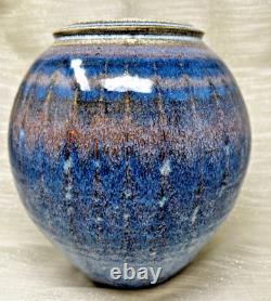 Large Vintage Hand Thrown Studio Pottery Blue Drip Glaze Stoneware Vase