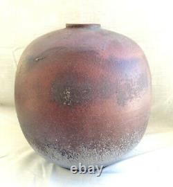 Large Vintage Round Raku Fired Pottery Pot/Vase Signed Studio Art