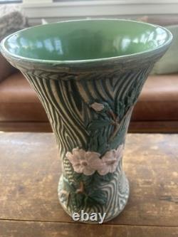 Large Vintage Studio Art Pottery Vase 15 Carved Texture Floral Green Glaze