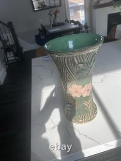 Large Vintage Studio Art Pottery Vase 15 Carved Texture Floral Green Glaze