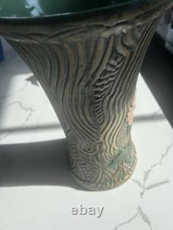 Large Vintage Studio Art Pottery Vase 15 Carved Texture Floral Green Glaze