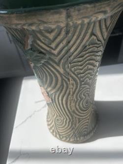 Large Vintage Studio Art Pottery Vase 15 Carved Texture Floral Green Glaze