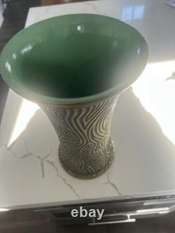 Large Vintage Studio Art Pottery Vase 15 Carved Texture Floral Green Glaze