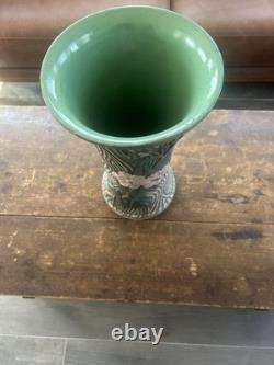 Large Vintage Studio Art Pottery Vase 15 Carved Texture Floral Green Glaze
