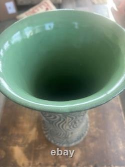 Large Vintage Studio Art Pottery Vase 15 Carved Texture Floral Green Glaze