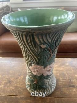 Large Vintage Studio Art Pottery Vase 15 Carved Texture Floral Green Glaze
