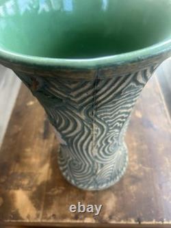 Large Vintage Studio Art Pottery Vase 15 Carved Texture Floral Green Glaze