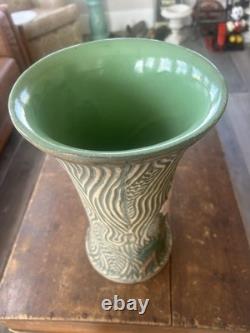 Large Vintage Studio Art Pottery Vase 15 Carved Texture Floral Green Glaze