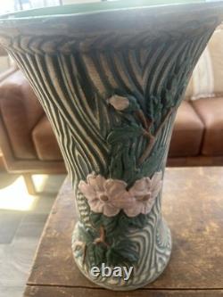 Large Vintage Studio Art Pottery Vase 15 Carved Texture Floral Green Glaze