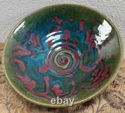 Large Vintage Studio Pottery Ceramic Glazed Splatter Swirl Bowl SGND Butterfly