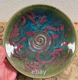 Large Vintage Studio Pottery Ceramic Glazed Splatter Swirl Bowl SGND Butterfly