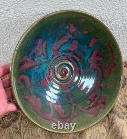 Large Vintage Studio Pottery Ceramic Glazed Splatter Swirl Bowl SGND Butterfly