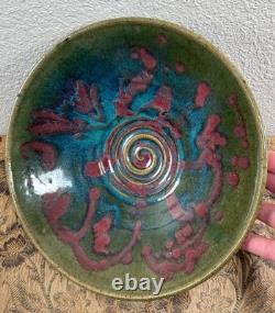 Large Vintage Studio Pottery Ceramic Glazed Splatter Swirl Bowl SGND Butterfly