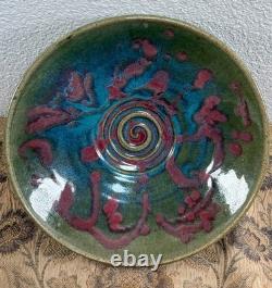 Large Vintage Studio Pottery Ceramic Glazed Splatter Swirl Bowl SGND Butterfly