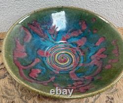 Large Vintage Studio Pottery Ceramic Glazed Splatter Swirl Bowl SGND Butterfly
