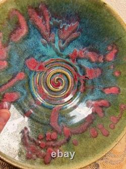 Large Vintage Studio Pottery Ceramic Glazed Splatter Swirl Bowl SGND Butterfly