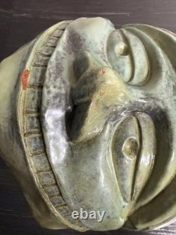 Large Vintage Studio Pottery Face Sculpture Green Glaze Art Mask