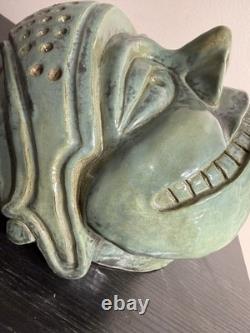 Large Vintage Studio Pottery Face Sculpture Green Glaze Art Mask