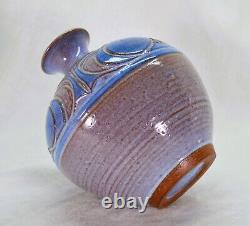 Larry Allen Studio Pottery Blue Vase Incised Art Neuveau Design Vintage 1991