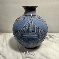 Larry Allen Studio Pottery Blue Vase Incised Art Neuveau Design Vintage 1997