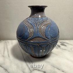 Larry Allen Studio Pottery Blue Vase Incised Art Neuveau Design Vintage 1997