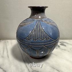 Larry Allen Studio Pottery Blue Vase Incised Art Neuveau Design Vintage 1997